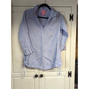 LINEN!!  Isaac Mizrahi New York SM Top Boho Blouse Shirt Blue Lagenlook Coastal